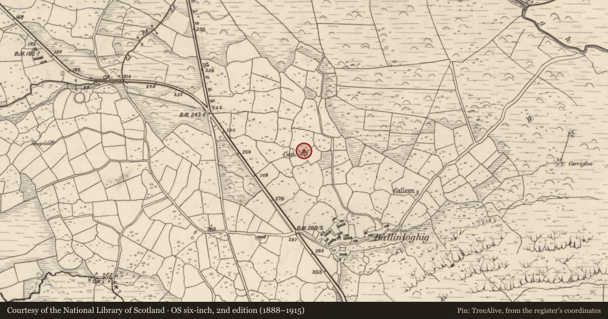 Ordnance Survey six-inch map, 2nd edition (1888–1915) covering the location of Hut site, Baile An Lochaigh, County Kerry, with a pin at the register's coordinates