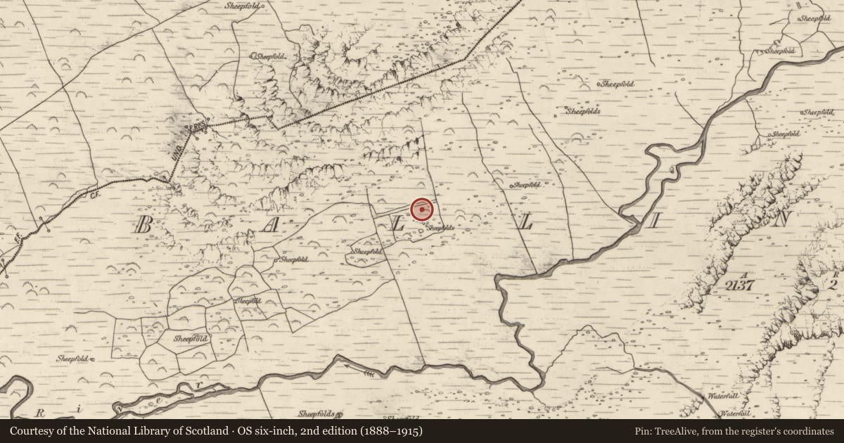 Ordnance Survey six-inch map, 2nd edition (1888–1915) covering the location of Enclosure, Baile An Lochaigh, County Kerry, with a pin at the register's coordinates