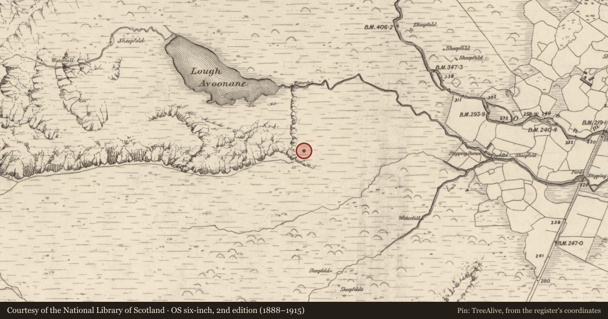 Ordnance Survey six-inch map, 2nd edition (1888–1915) covering the location of Hut site, Gleann Seanchoirp, County Kerry, with a pin at the register's coordinates