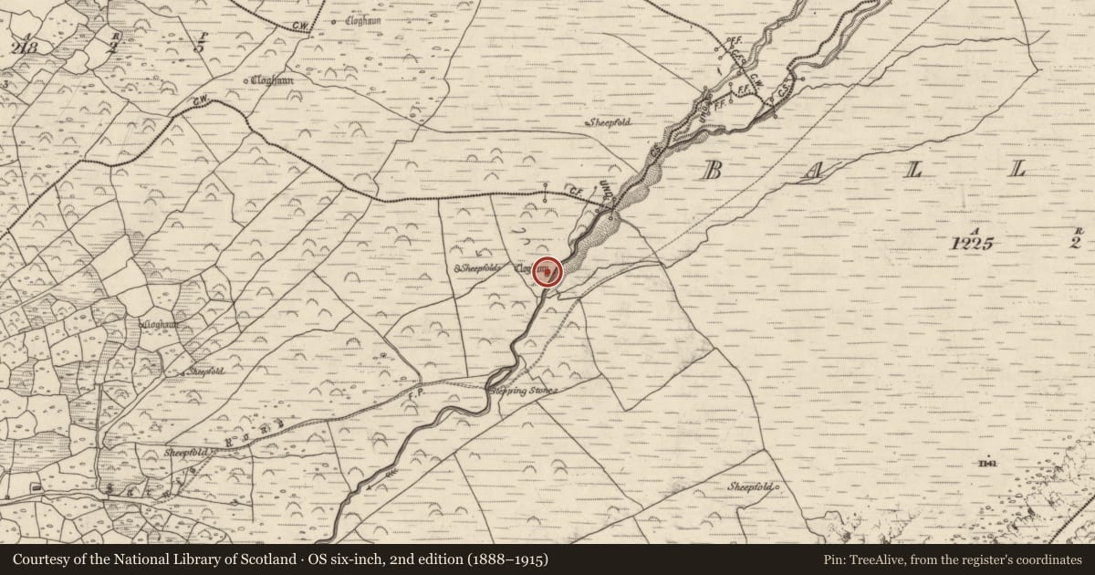 Ordnance Survey six-inch map, 2nd edition (1888–1915) covering the location of Hut site, An Baile Breac, County Kerry, with a pin at the register's coordinates