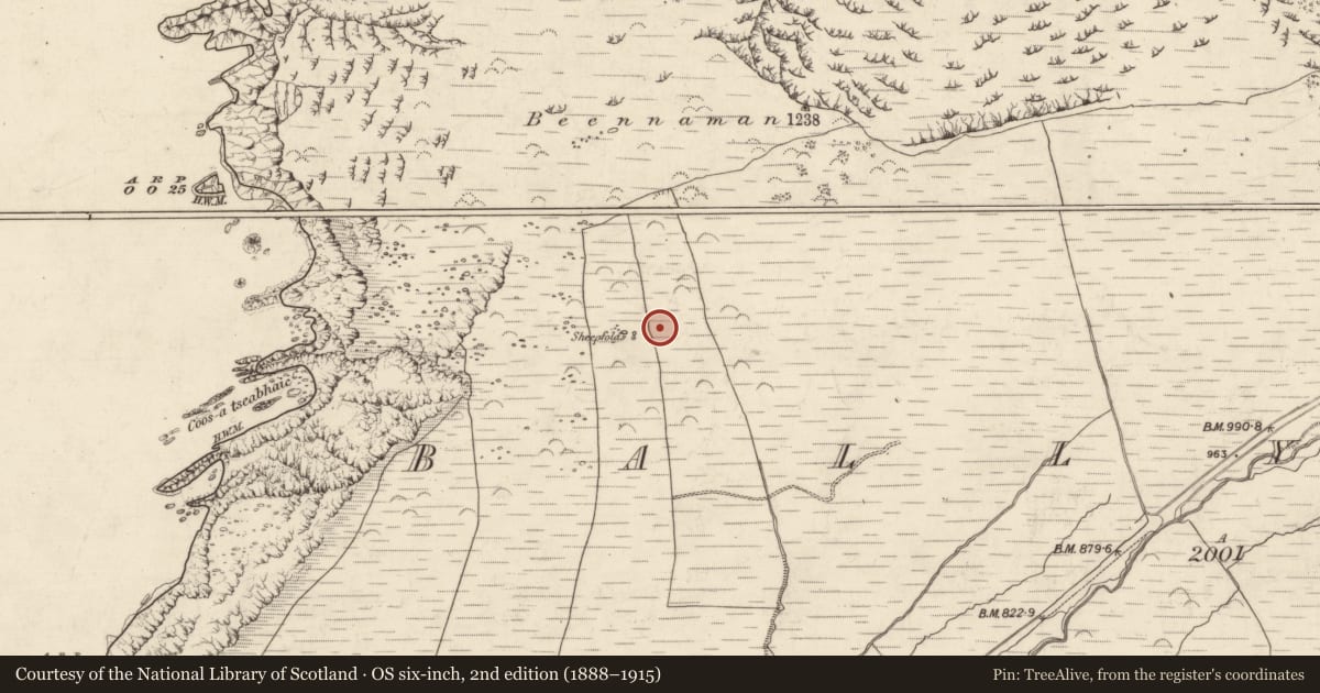 Ordnance Survey six-inch map, 2nd edition (1888–1915) covering the location of Enclosure, Baile Na Habha (TC Cill Chuáin), County Kerry, with a pin at the register's coordinates