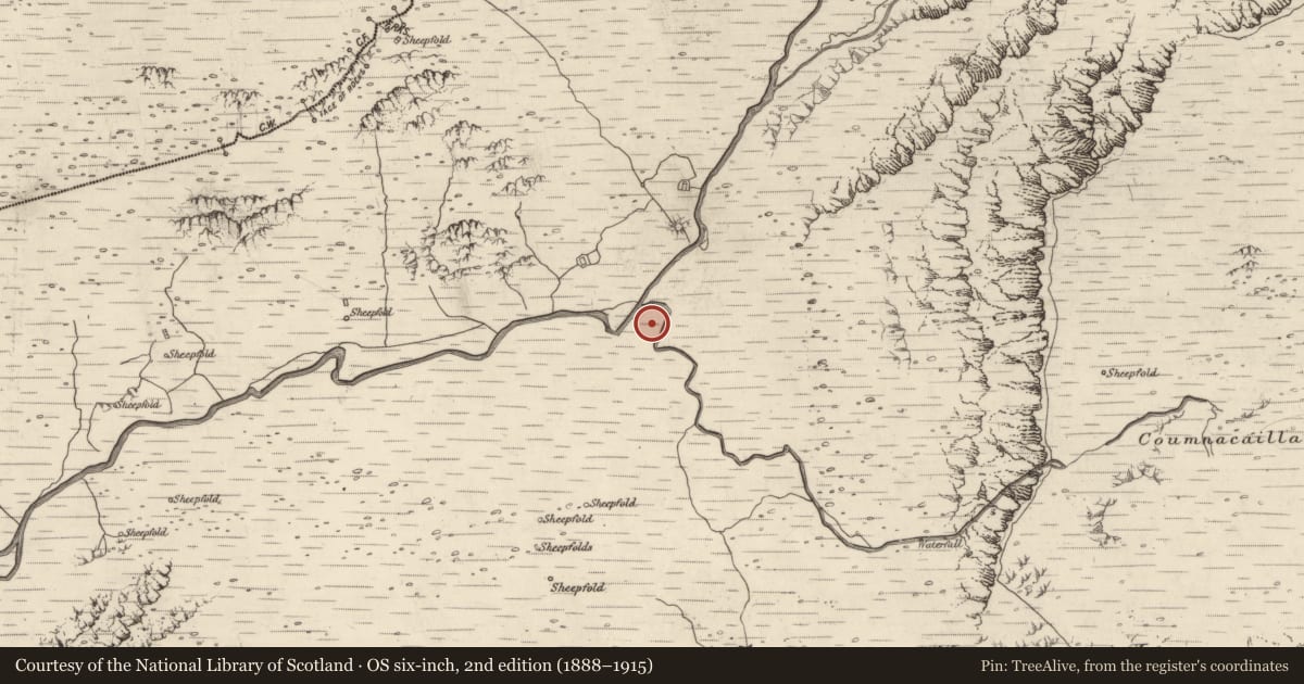 Ordnance Survey six-inch map, 2nd edition (1888–1915) covering the location of Fulacht fia, Baile An Lochaigh, County Kerry, with a pin at the register's coordinates