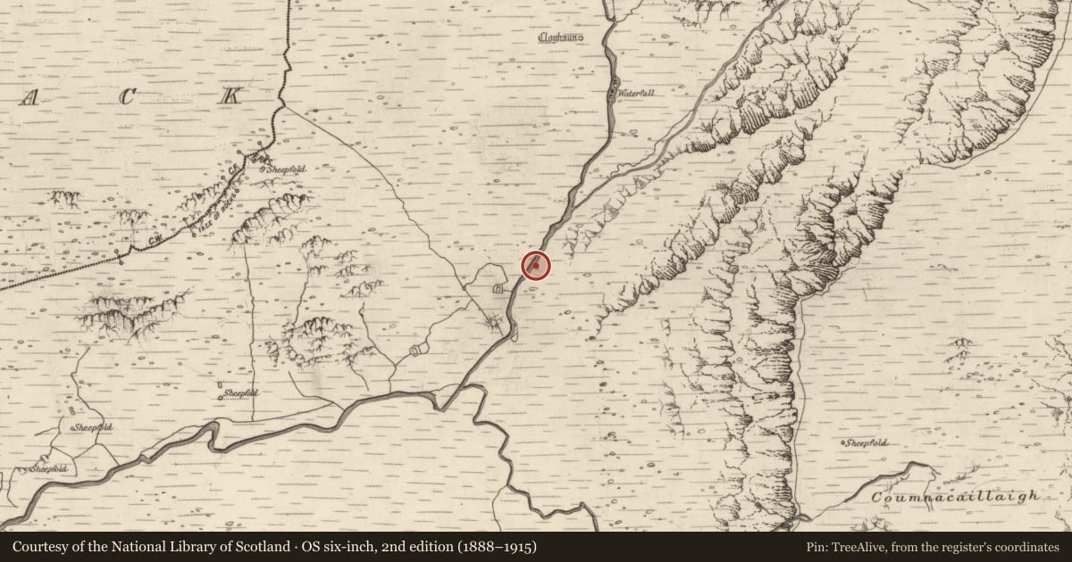 Ordnance Survey six-inch map, 2nd edition (1888–1915) covering the location of Fulacht fia, Baile An Lochaigh, County Kerry, with a pin at the register's coordinates