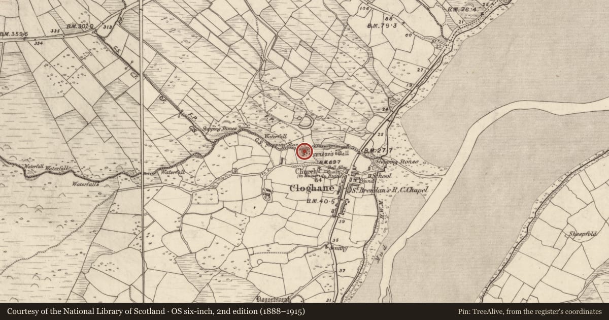 Ordnance Survey six-inch map, 2nd edition (1888–1915) covering the location of Ritual site - holy well, An Clochán (TC An Clochán), County Kerry, with a pin at the register's coordinates