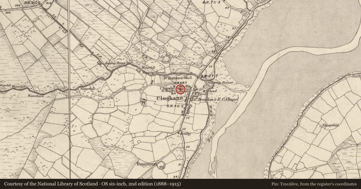 Ordnance Survey six-inch map, 2nd edition (1888–1915) covering the location of Graveyard, An Clochán (TC An Clochán), County Kerry, with a pin at the register's coordinates