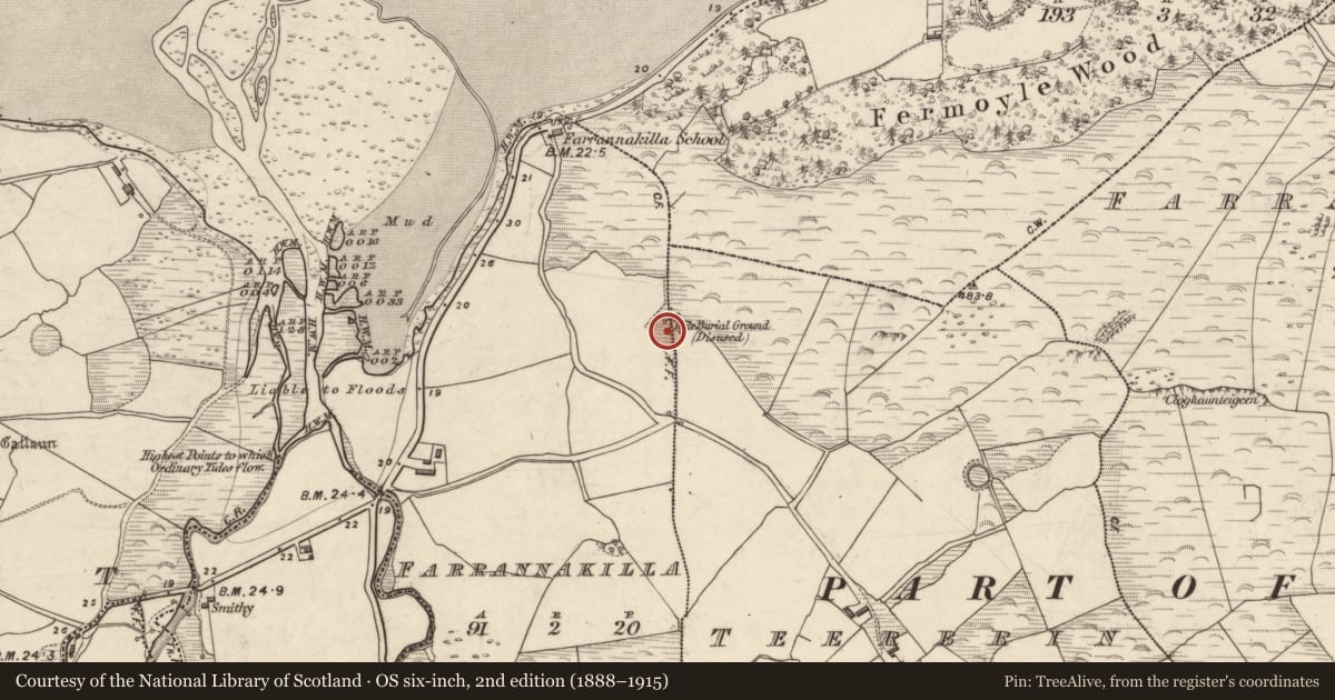 Ordnance Survey six-inch map, 2nd edition (1888–1915) covering the location of Ecclesiastical enclosure, Fearann Na Cille (TC An Daingean), Tír Broin, County Kerry, with a pin at the register's coordinates
