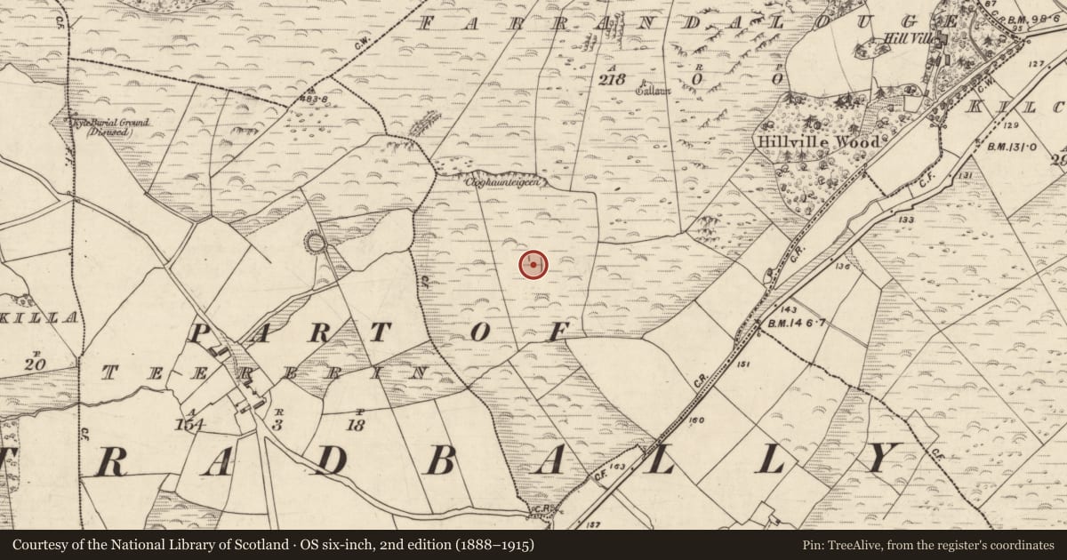 Ordnance Survey six-inch map, 2nd edition (1888–1915) covering the location of Enclosure, Fearann Dealúigh, County Kerry, with a pin at the register's coordinates