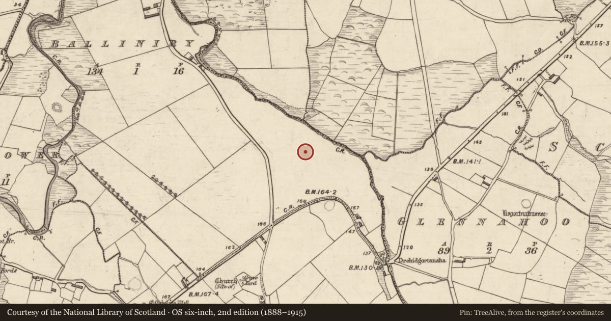 Ordnance Survey six-inch map, 2nd edition (1888–1915) covering the location of Ringfort - rath, Baile An Oidhre, County Kerry, with a pin at the register's coordinates