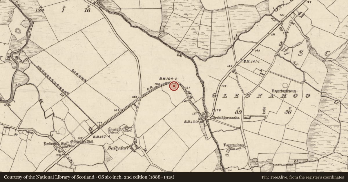 Ordnance Survey six-inch map, 2nd edition (1888–1915) covering the location of Enclosure, An Baile Dubh, County Kerry, with a pin at the register's coordinates