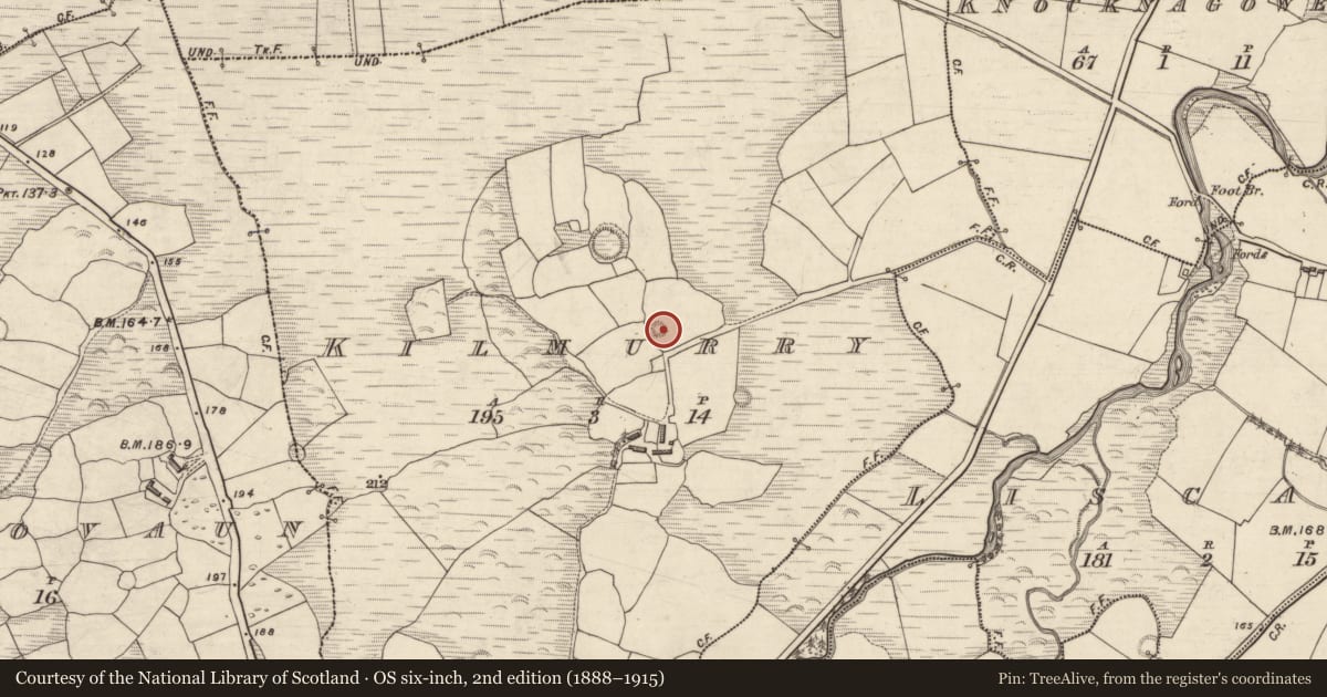 Ordnance Survey six-inch map, 2nd edition (1888–1915) covering the location of Hut site, Cill Mhuire (TC An Baile Dubh), County Kerry, with a pin at the register's coordinates