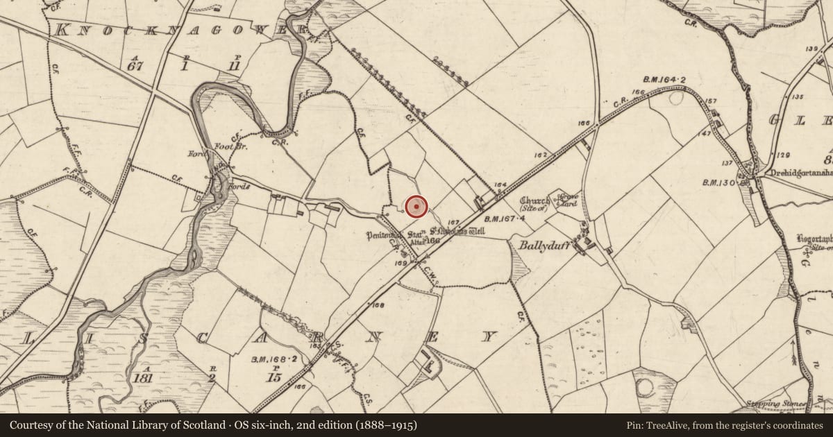 Ordnance Survey six-inch map, 2nd edition (1888–1915) covering the location of Enclosure, An Baile Dubh, County Kerry, with a pin at the register's coordinates