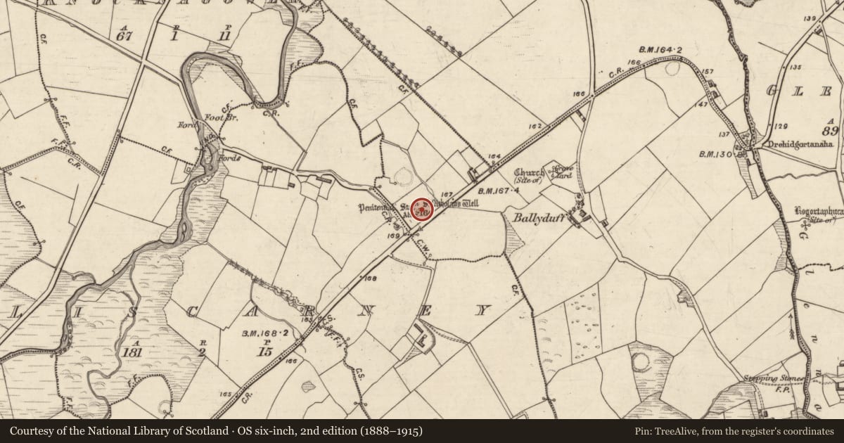 Ordnance Survey six-inch map, 2nd edition (1888–1915) covering the location of Ritual site - holy well, An Baile Dubh, County Kerry, with a pin at the register's coordinates