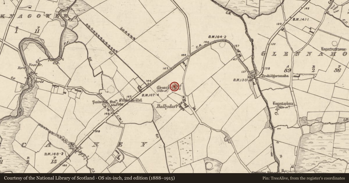 Ordnance Survey six-inch map, 2nd edition (1888–1915) covering the location of Graveyard, An Baile Dubh, County Kerry, with a pin at the register's coordinates