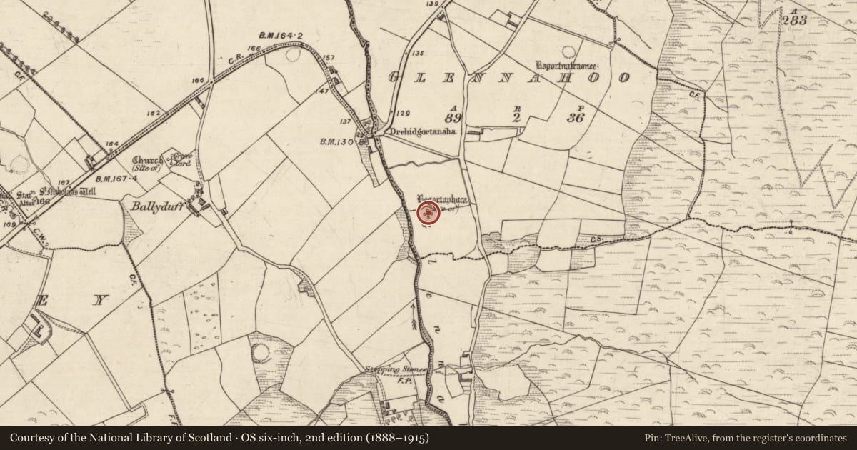 Ordnance Survey six-inch map, 2nd edition (1888–1915) covering the location of Hut site, Gleann Na Huamha (Bar. Corca Dhuibhne, An tSráidbhaile), County Kerry, with a pin at the register's coordinates