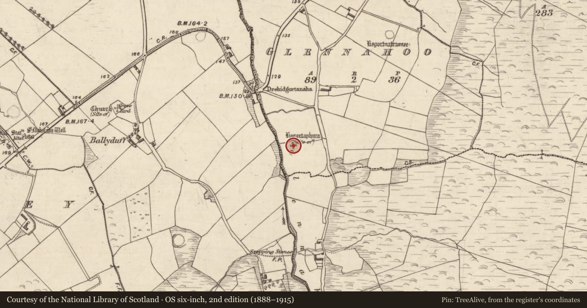 Ordnance Survey six-inch map, 2nd edition (1888–1915) covering the location of Hut site, Gleann Na Huamha (Bar. Corca Dhuibhne, An tSráidbhaile), County Kerry, with a pin at the register's coordinates