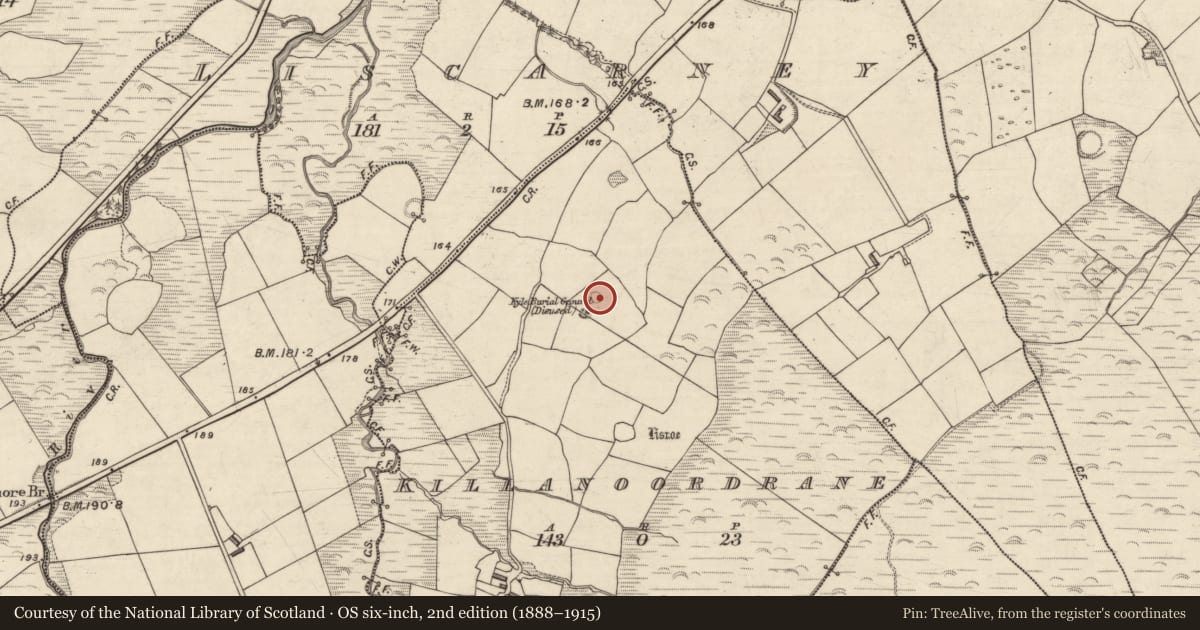 Ordnance Survey six-inch map, 2nd edition (1888–1915) covering the location of Children's burial ground, Cill An Urdráin, County Kerry, with a pin at the register's coordinates