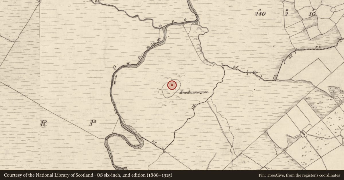 Ordnance Survey six-inch map, 2nd edition (1888–1915) covering the location of Hut site, Lios Na Mbóbhán, County Kerry, with a pin at the register's coordinates