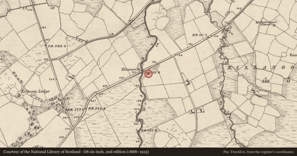 Ordnance Survey six-inch map, 2nd edition (1888–1915) covering the location of Fulacht fia, Baile Uí Uaithnín, County Kerry, with a pin at the register's coordinates