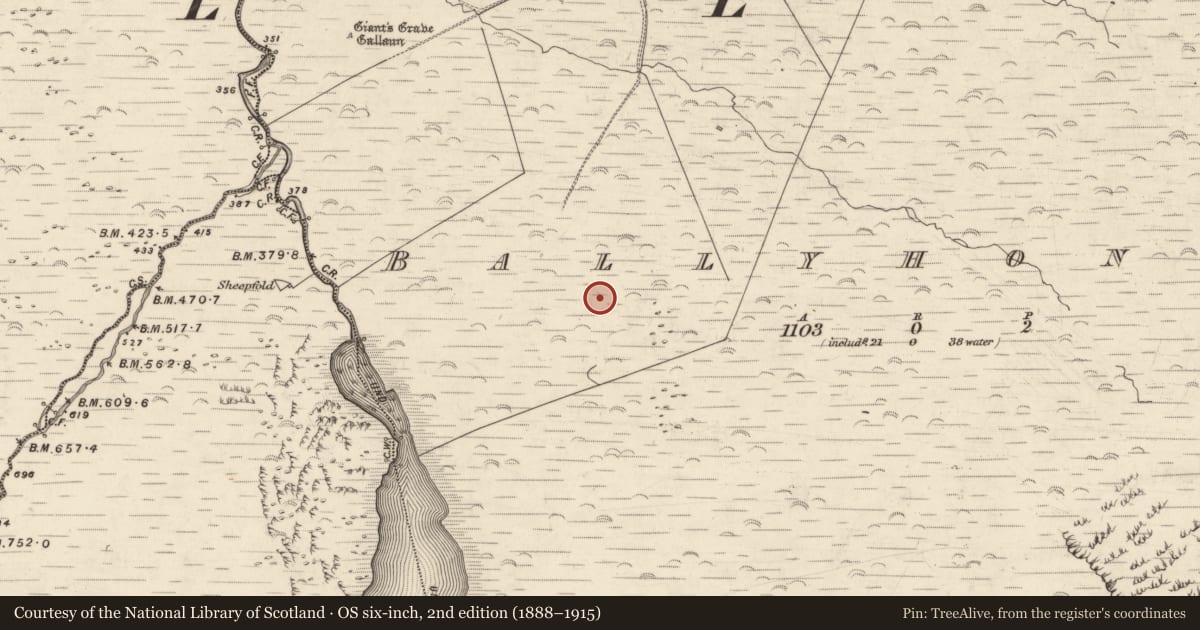 Ordnance Survey six-inch map, 2nd edition (1888–1915) covering the location of Fulacht fia, Baile Uí Uaithnín, County Kerry, with a pin at the register's coordinates