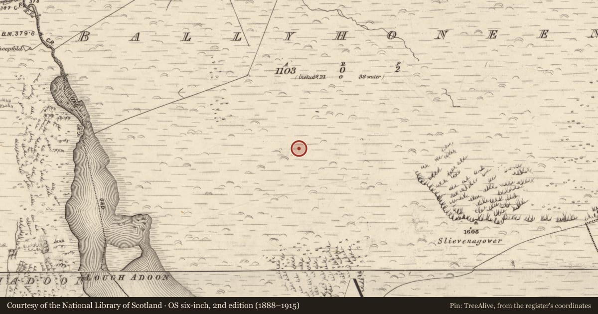 Ordnance Survey six-inch map, 2nd edition (1888–1915) covering the location of Hut site, Baile Uí Uaithnín, County Kerry, with a pin at the register's coordinates