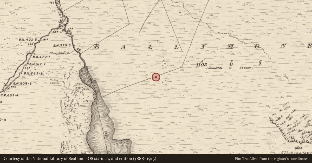 Ordnance Survey six-inch map, 2nd edition (1888–1915) covering the location of Kiln, Baile Uí Uaithnín, County Kerry, with a pin at the register's coordinates