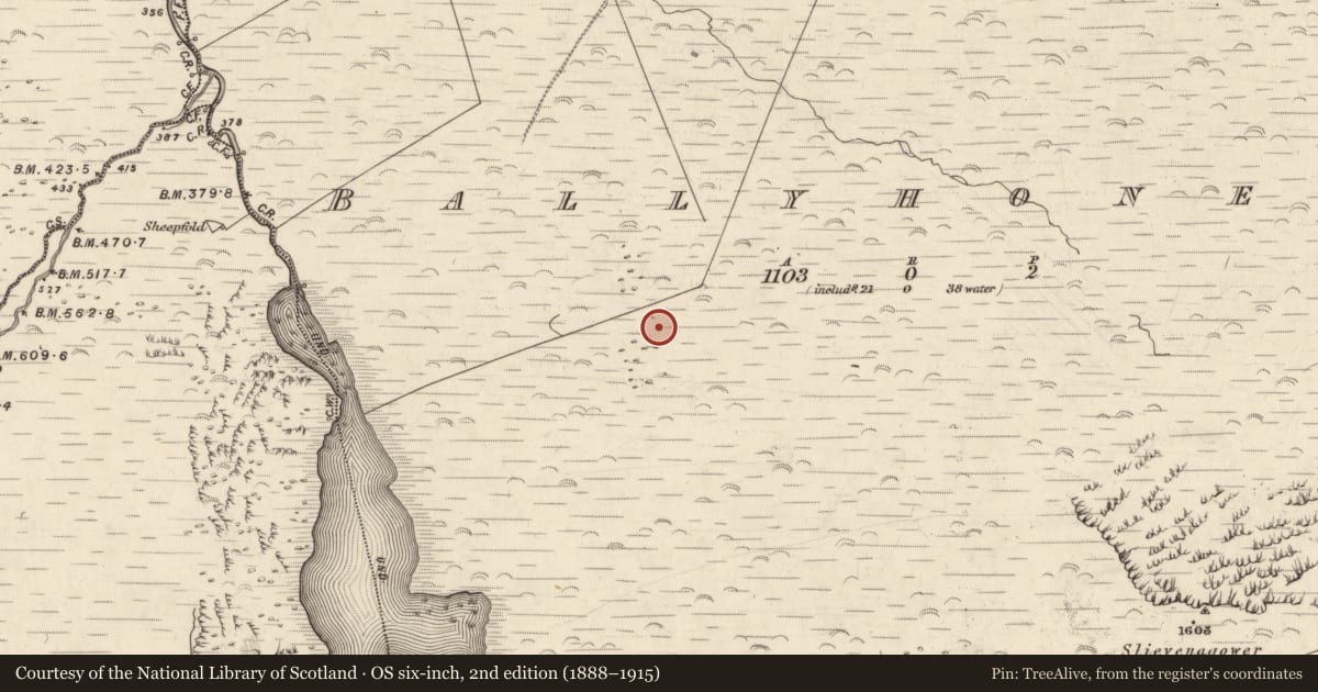 Ordnance Survey six-inch map, 2nd edition (1888–1915) covering the location of Hut site, Baile Uí Uaithnín, County Kerry, with a pin at the register's coordinates