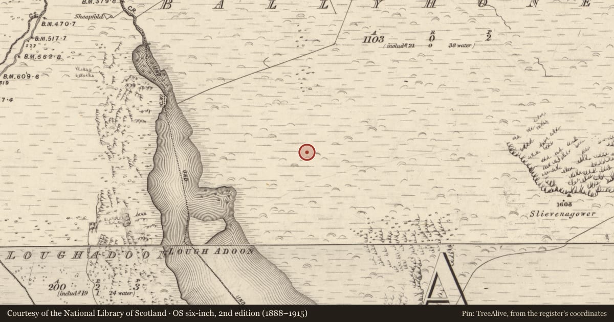 Ordnance Survey six-inch map, 2nd edition (1888–1915) covering the location of Fulacht fia, Baile Uí Uaithnín, County Kerry, with a pin at the register's coordinates