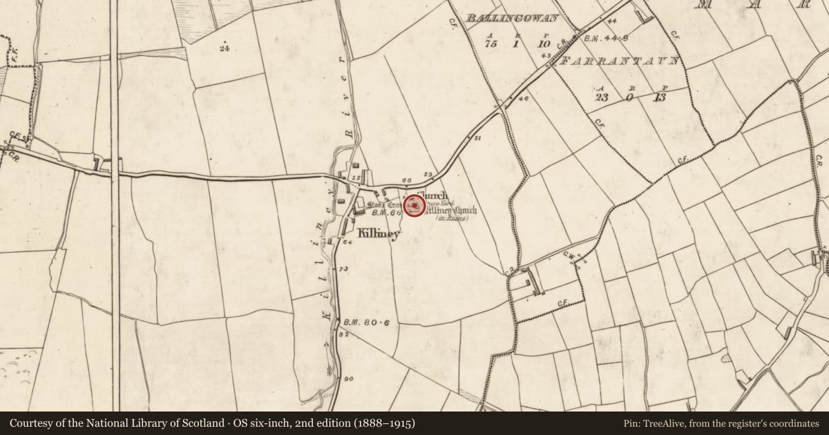 Ordnance Survey six-inch map, 2nd edition (1888–1915) covering the location of Church, Killiney, County Kerry, with a pin at the register's coordinates