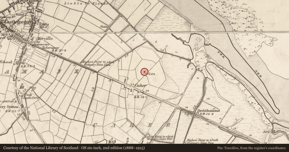 Ordnance Survey six-inch map, 2nd edition (1888–1915) covering the location of Ringfort - cashel, Caher, County Kerry, with a pin at the register's coordinates