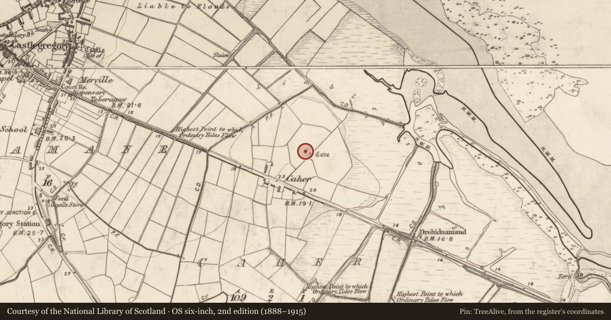 Ordnance Survey six-inch map, 2nd edition (1888–1915) covering the location of Burial, Caher, County Kerry, with a pin at the register's coordinates