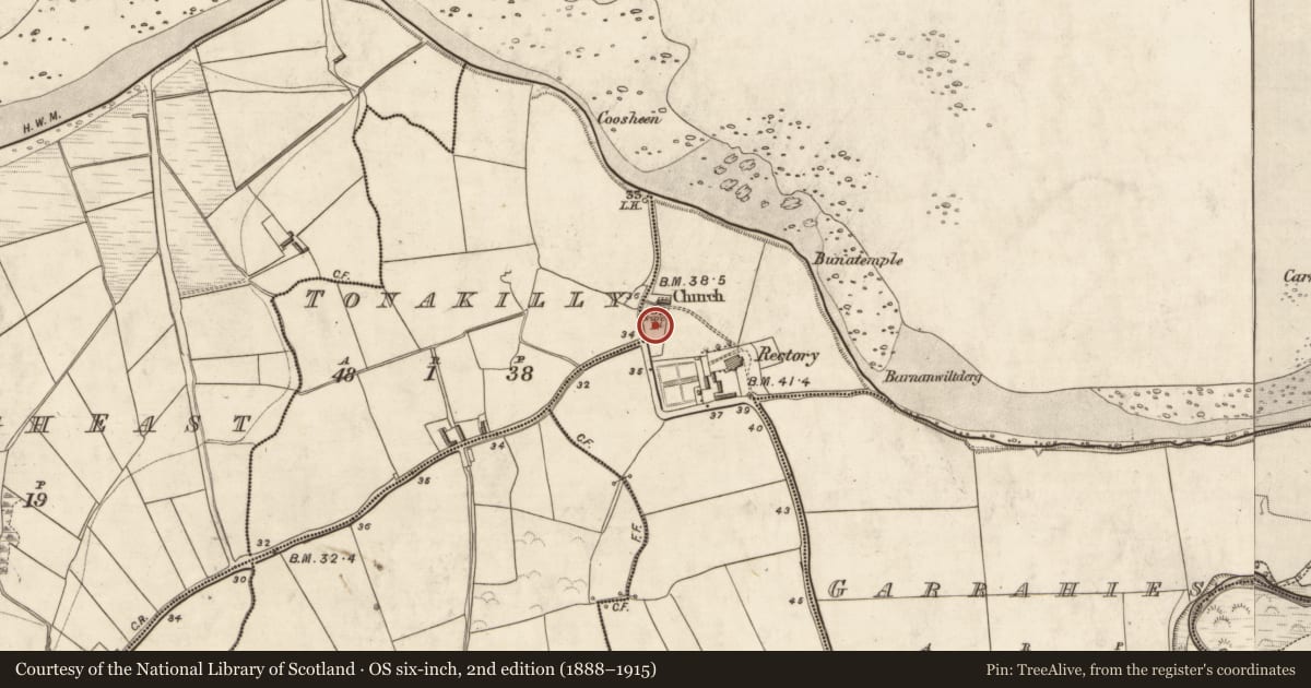 Ordnance Survey six-inch map, 2nd edition (1888–1915) covering the location of Graveyard, Baile An Chnocáin (TC An Cnoc Glas), County Kerry, with a pin at the register's coordinates