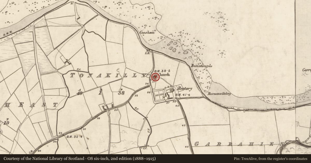 Ordnance Survey six-inch map, 2nd edition (1888–1915) covering the location of Font, Baile An Chnocáin (TC An Cnoc Glas), County Kerry, with a pin at the register's coordinates