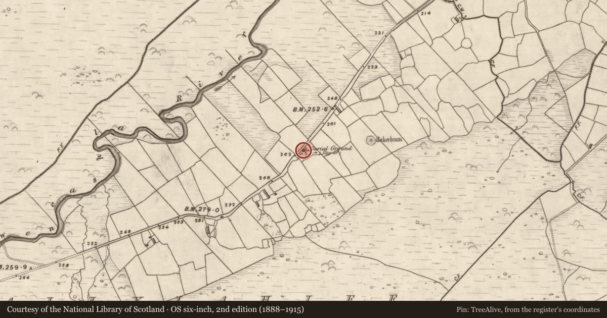 Ordnance Survey six-inch map, 2nd edition (1888–1915) covering the location of Children's burial ground, Coill Bhaile Uí Fhlaithimh, County Kerry, with a pin at the register's coordinates