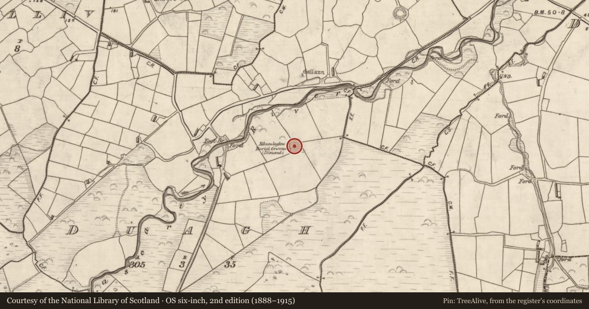 Ordnance Survey six-inch map, 2nd edition (1888–1915) covering the location of Children's burial ground, Duagh, County Kerry, with a pin at the register's coordinates