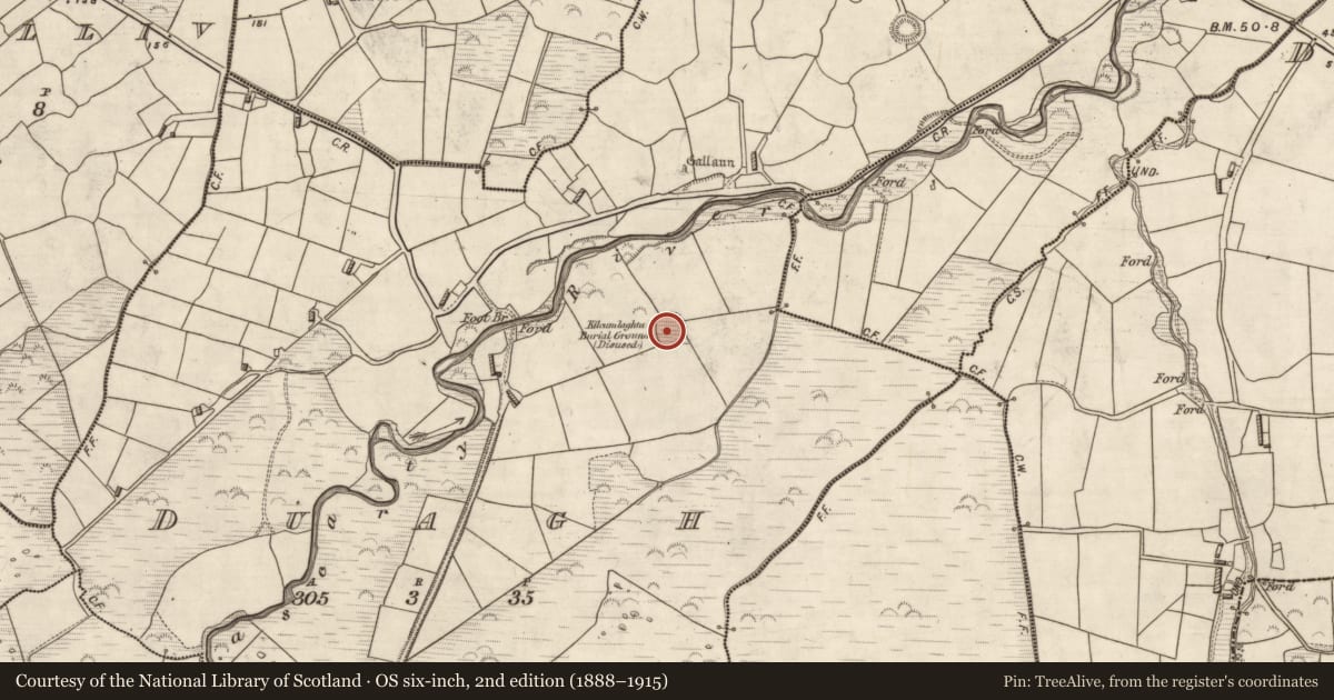 Ordnance Survey six-inch map, 2nd edition (1888–1915) covering the location of Ecclesiastical enclosure, Duagh, County Kerry, with a pin at the register's coordinates