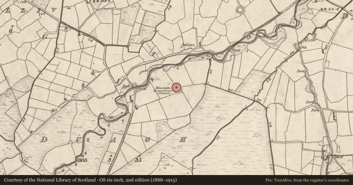 Ordnance Survey six-inch map, 2nd edition (1888–1915) covering the location of Church, Duagh, County Kerry, with a pin at the register's coordinates