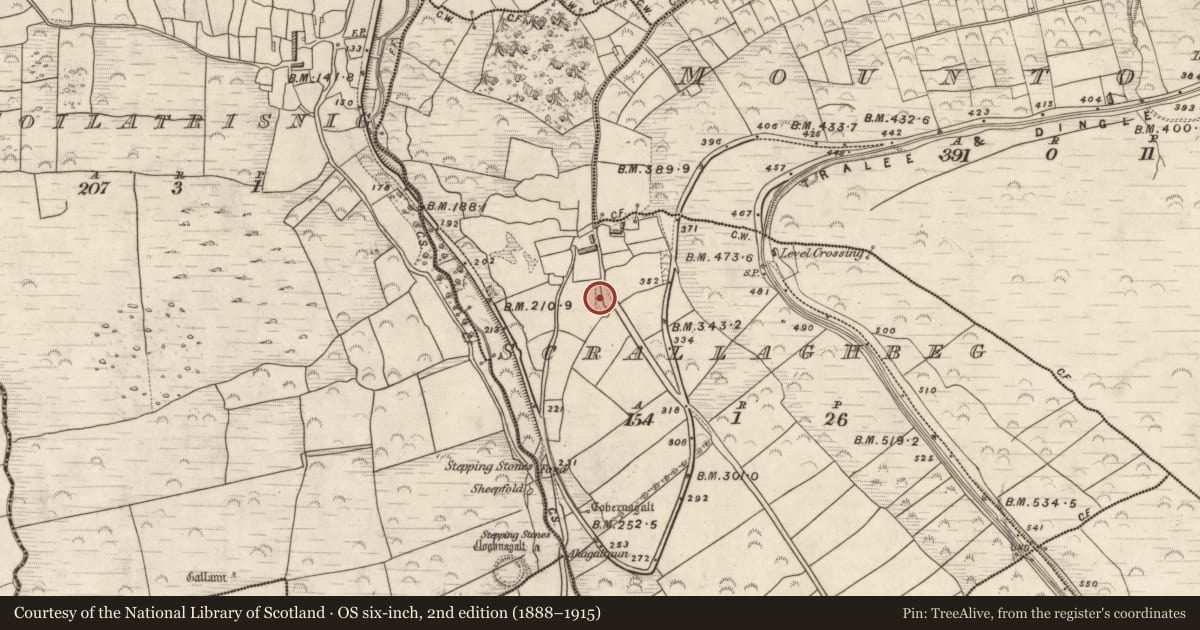 Ordnance Survey six-inch map, 2nd edition (1888–1915) covering the location of Enclosure, Scrallaghbeg, County Kerry, with a pin at the register's coordinates