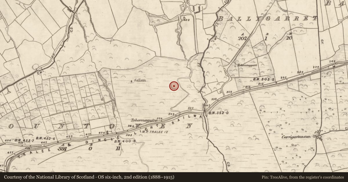 Ordnance Survey six-inch map, 2nd edition (1888–1915) covering the location of Ringfort - rath, Mountoven, County Kerry, with a pin at the register's coordinates