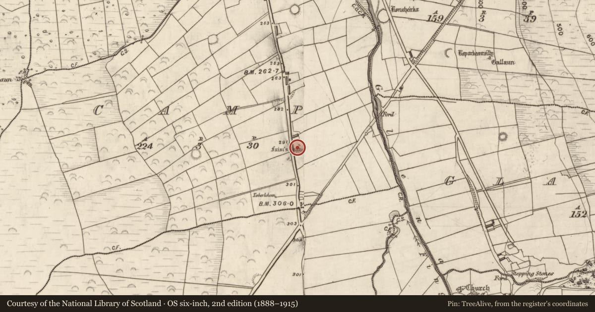 Ordnance Survey six-inch map, 2nd edition (1888–1915) covering the location of Ogham stone, Camp, County Kerry, with a pin at the register's coordinates