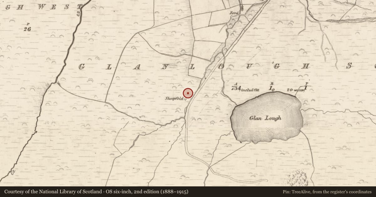 Ordnance Survey six-inch map, 2nd edition (1888–1915) covering the location of Souterrain, Glanlough South, County Kerry, with a pin at the register's coordinates