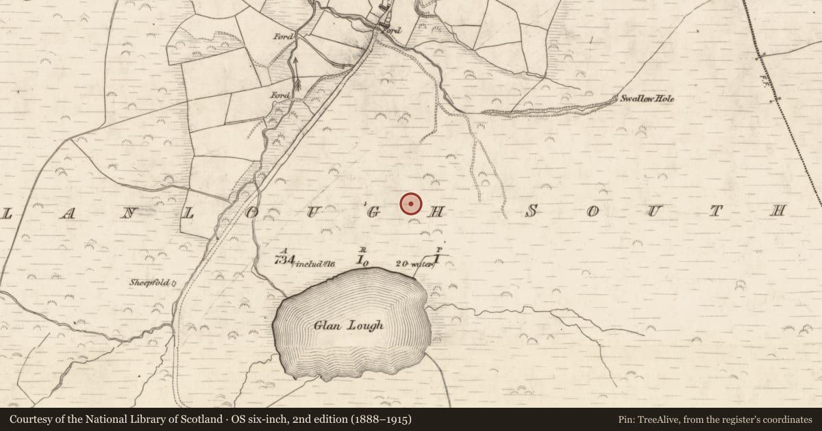 Ordnance Survey six-inch map, 2nd edition (1888–1915) covering the location of Field system, Glanlough South, County Kerry, with a pin at the register's coordinates
