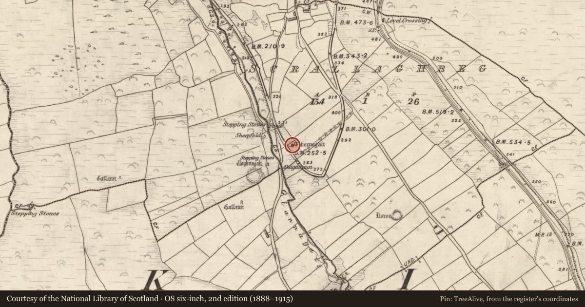 Ordnance Survey six-inch map, 2nd edition (1888–1915) covering the location of Ritual site - holy well, Scrallaghbeg, County Kerry, with a pin at the register's coordinates