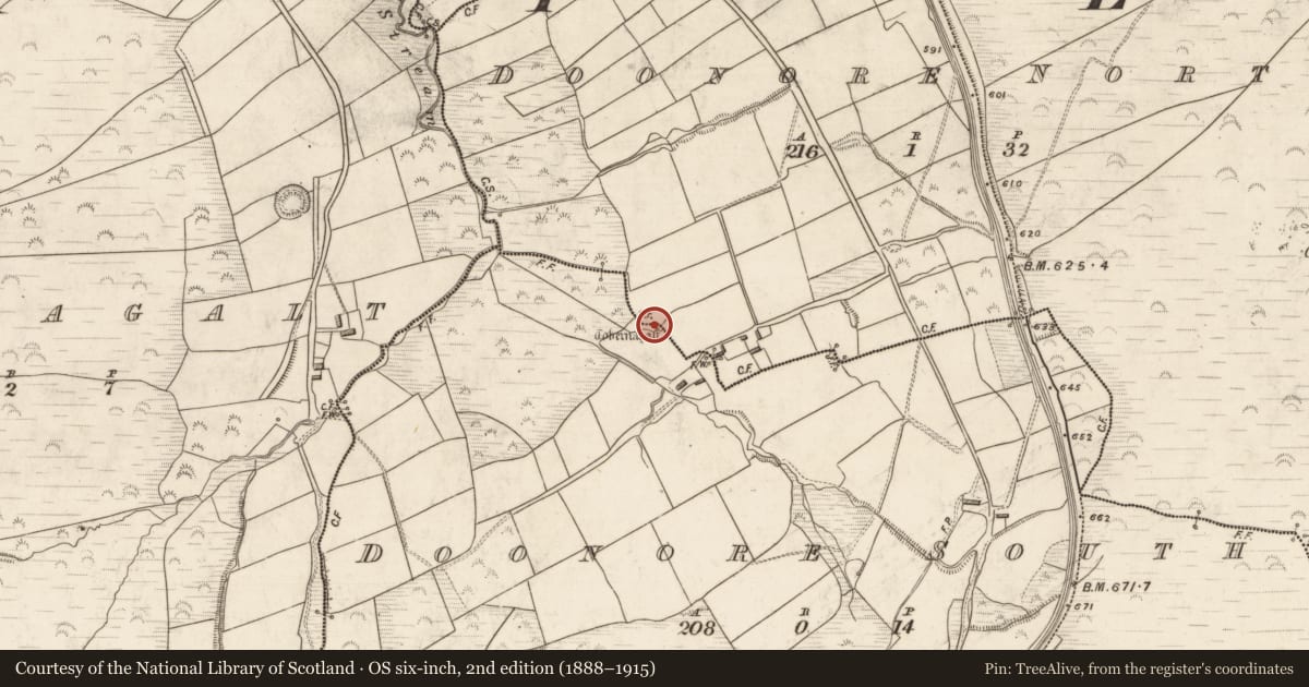 Ordnance Survey six-inch map, 2nd edition (1888–1915) covering the location of Ritual site - holy well, Doonore South, County Kerry, with a pin at the register's coordinates