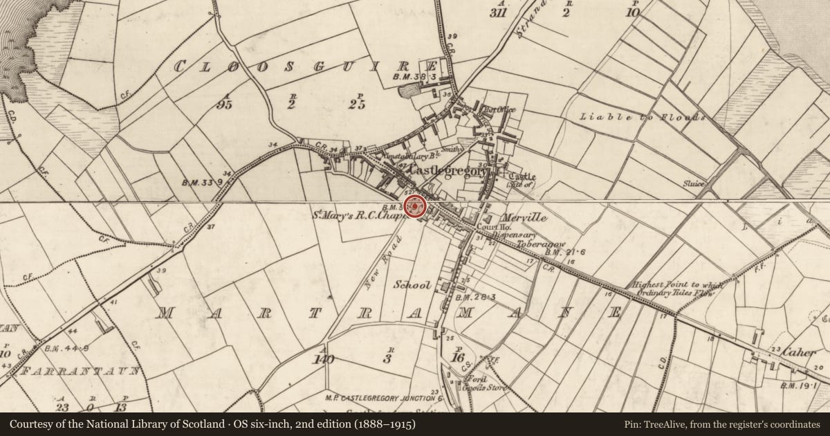 Ordnance Survey six-inch map, 2nd edition (1888–1915) covering the location of Bullaun stone (present location), Martramane, County Kerry, with a pin at the register's coordinates
