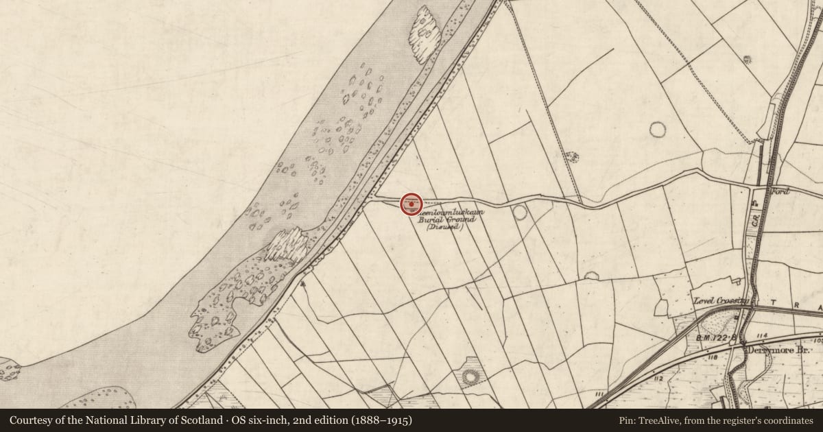 Ordnance Survey six-inch map, 2nd edition (1888–1915) covering the location of Children's burial ground, Doire Mhór Thiar, County Kerry, with a pin at the register's coordinates