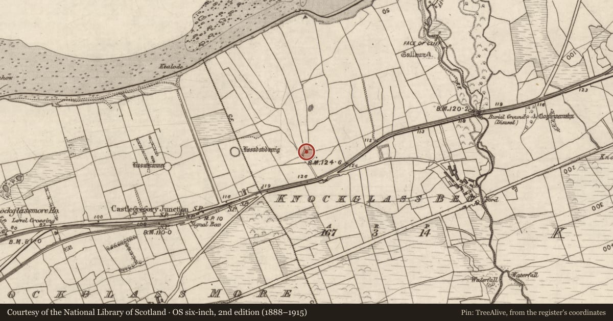 Ordnance Survey six-inch map, 2nd edition (1888–1915) covering the location of Hut site, Knockglass Beg, County Kerry, with a pin at the register's coordinates