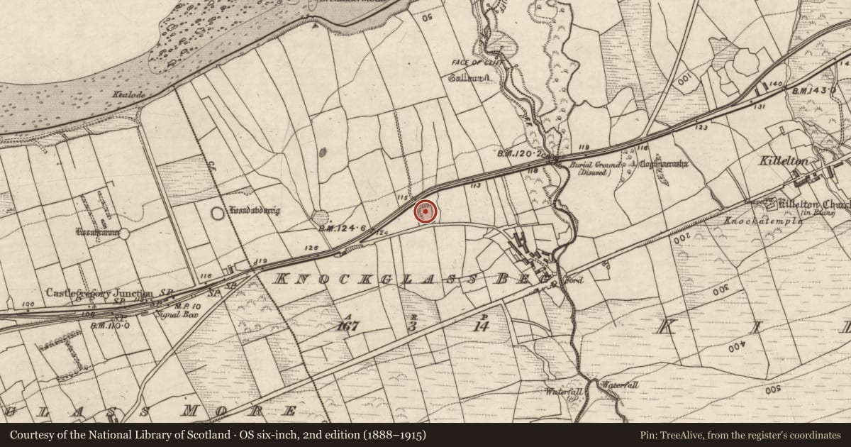 Ordnance Survey six-inch map, 2nd edition (1888–1915) covering the location of Enclosure, Knockglass Beg, County Kerry, with a pin at the register's coordinates
