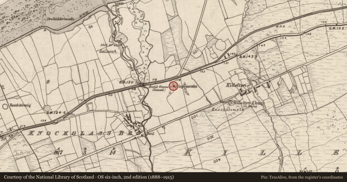 Ordnance Survey six-inch map, 2nd edition (1888–1915) covering the location of Cross-inscribed stone, Killelton, County Kerry, with a pin at the register's coordinates
