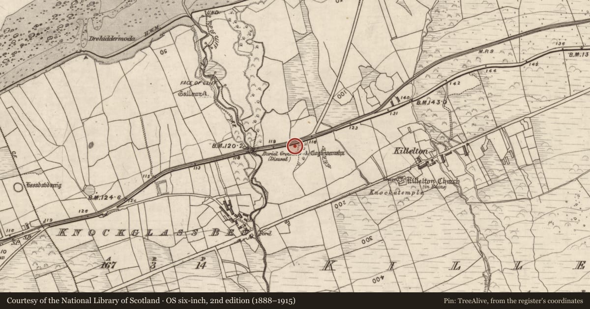 Ordnance Survey six-inch map, 2nd edition (1888–1915) covering the location of Hut site, Killelton, County Kerry, with a pin at the register's coordinates