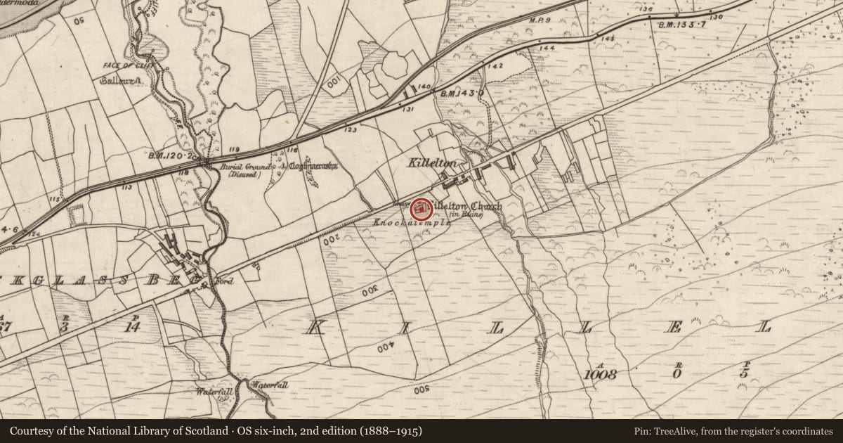 Ordnance Survey six-inch map, 2nd edition (1888–1915) covering the location of Church, Killelton, County Kerry, with a pin at the register's coordinates